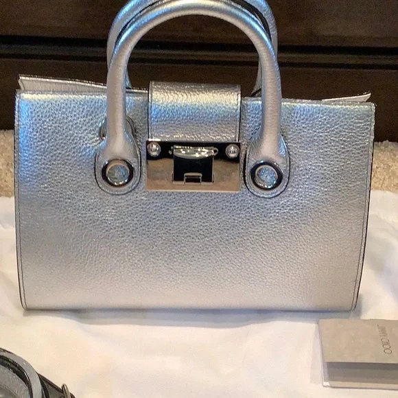 Jimmy Choo Silver Satchel with Structured Design and Top Handles - Picture 2 of 13